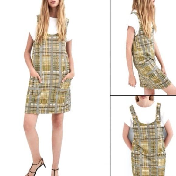 Zara Yellow Black Silver Plaid overall jumper Dress with pockets Size Medium - Picture 3 of 12